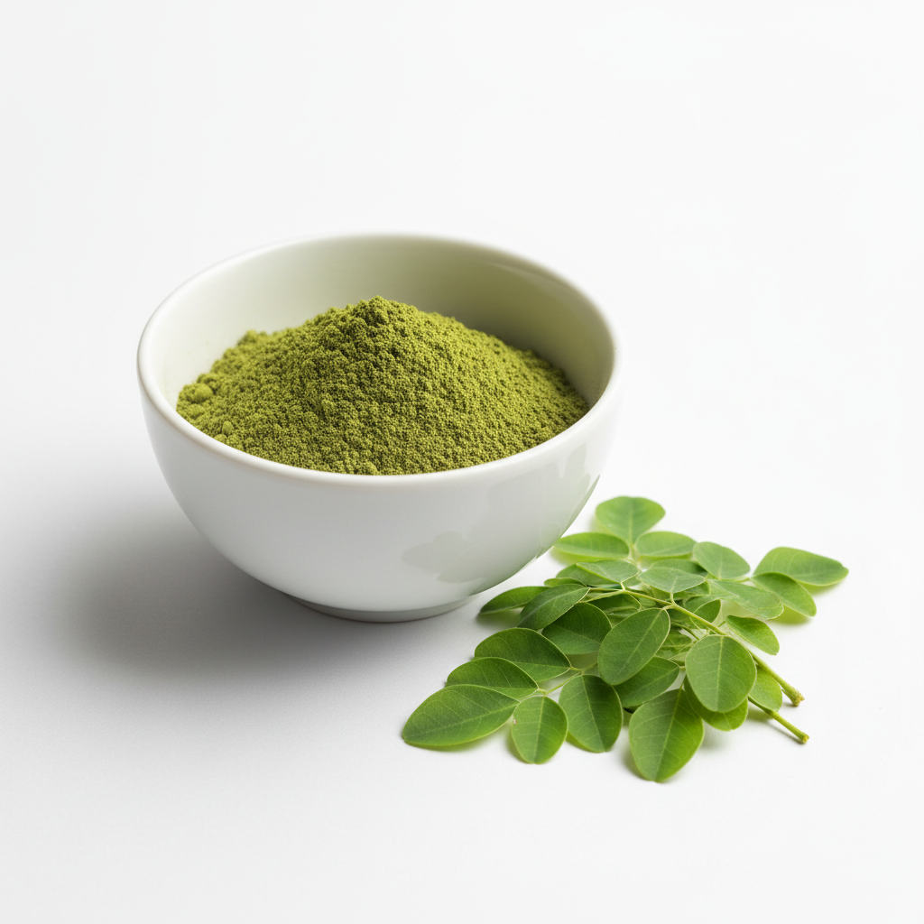 Organic Moringa Powder in a white ceramic bowl with fresh moringa leaves