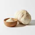 Lion's Mane Mushroom Powder in a wooden bowl with fresh lion's mane mushroom