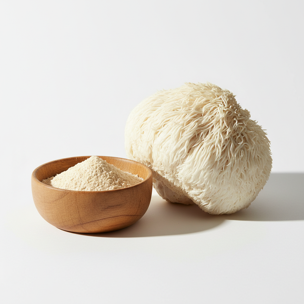 Lion's Mane Mushroom Powder in a wooden bowl with fresh lion's mane mushroom