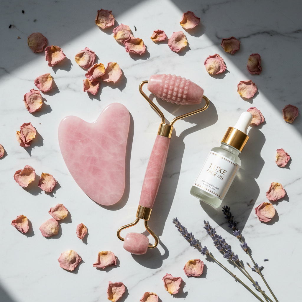 Rose quartz gua sha tool and facial roller on white marble with rose petals