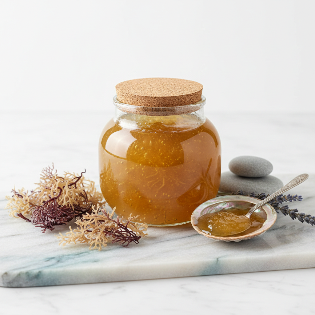 Wildcrafted Sea Moss Gel in a glass jar with dried sea moss